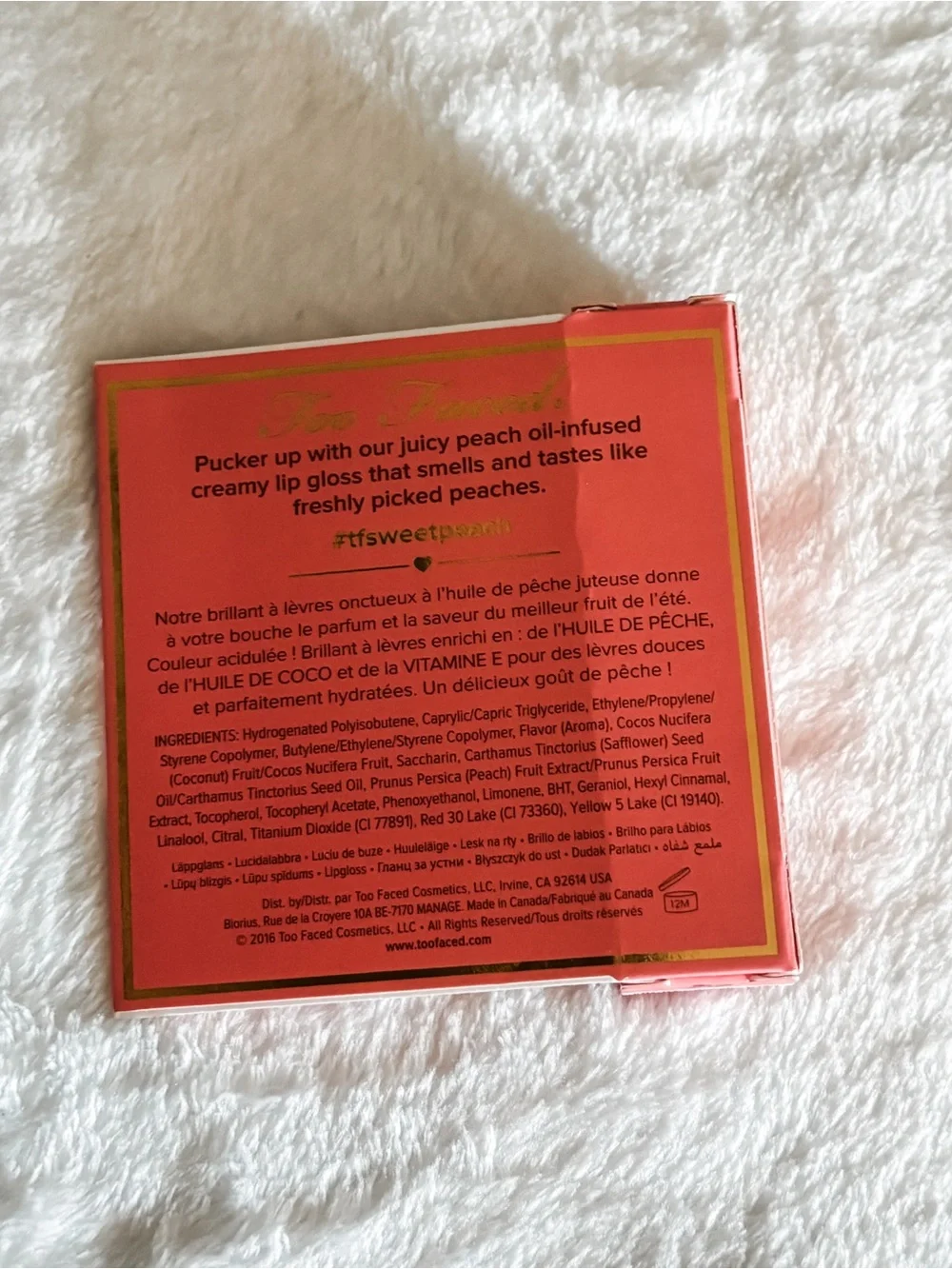 NIB! Too Faced Sweet Peach Creamy Peach Oil Lip Gloss - 0.4oz